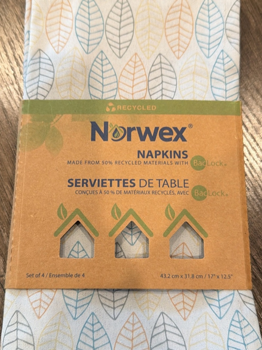 Norwex Leaf Print Napkins in Blue, Gray, Tan – Set of 4